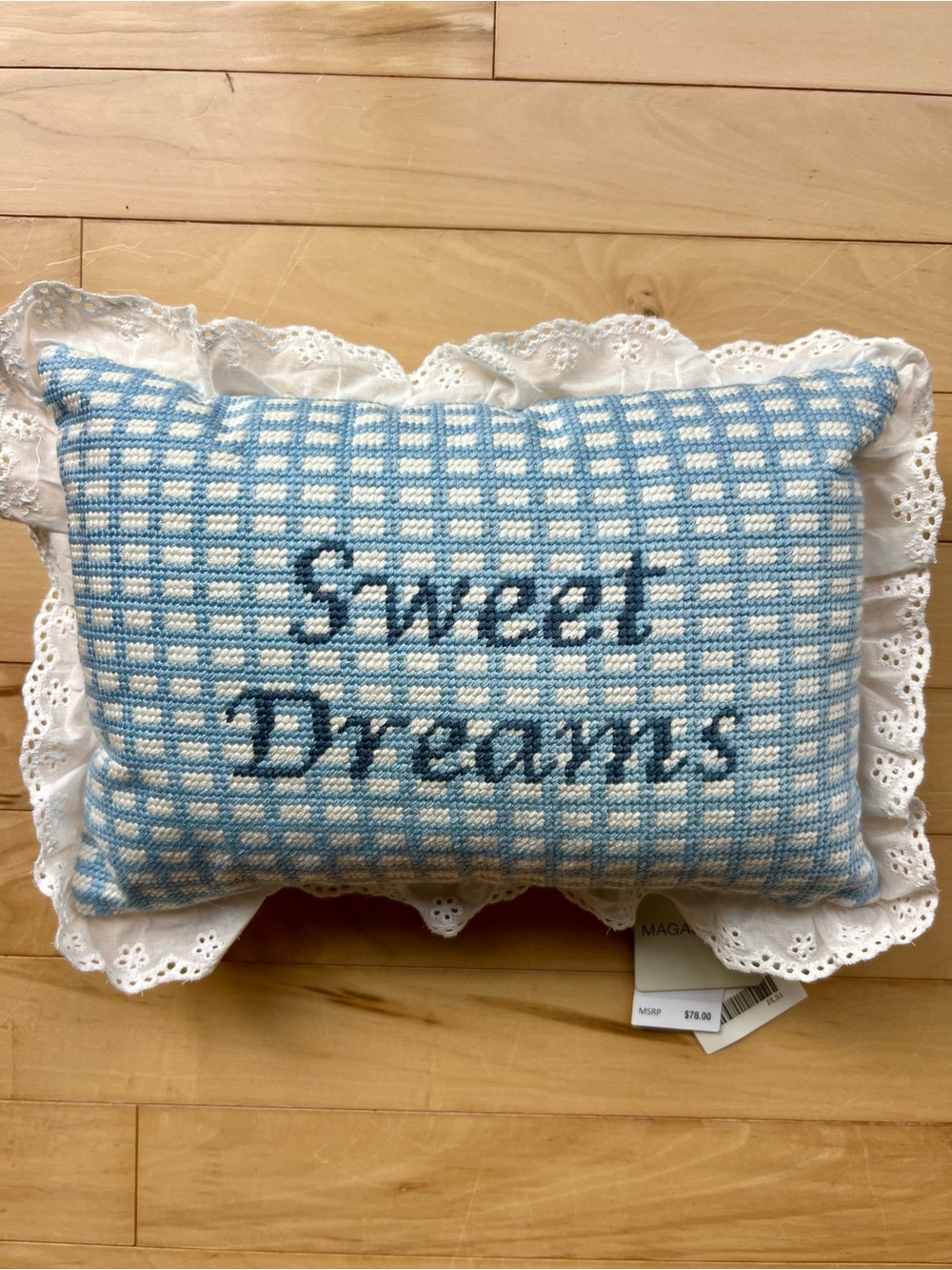 NWT Magaschoni Blue and White Gingham 'Sweet Dreams' Lace-Trim Pillow